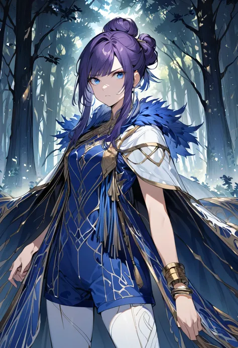 Solo female, 21 years old, forest background, fantasy, dark purple hair, long fringe, hairbun, blue eyes, blue and white short-sleeved shirt, blue shorts, white leggings, cape, serious expression, gold bangles