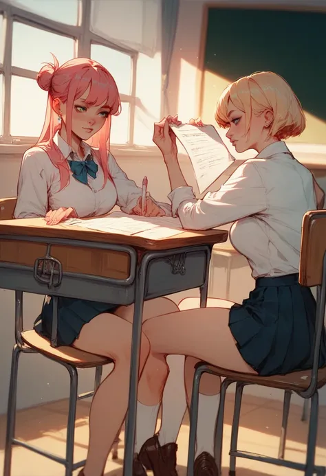 (comic) ( sketch drawing) Two girls sitting in classroom, theyre taking exam, theres a paper on thei table, one girl is short haired with bangs and the other girl is long haired