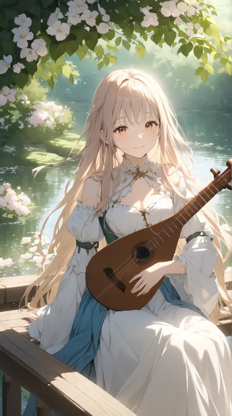 1 girl, (cute face), 18 years old, (long hair), (smiling), medium breasts, (wearing fantasy bard attire), (knee-length dress), (porcelain skin), (playing a lute), BREAK  
Old stone bridge, calm river, (sitting on the railing:1.2), surrounded by blooming fl...