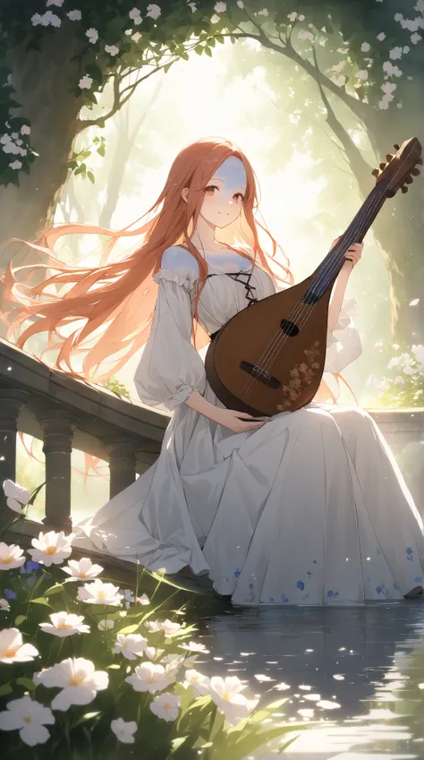 1 girl, (cute face), 18 years old, (long hair), (smiling), medium breasts, (wearing fantasy bard attire), (knee-length dress), (porcelain skin), (playing a lute), BREAK  
Old stone bridge, calm river, (sitting on the railing:1.2), surrounded by blooming fl...