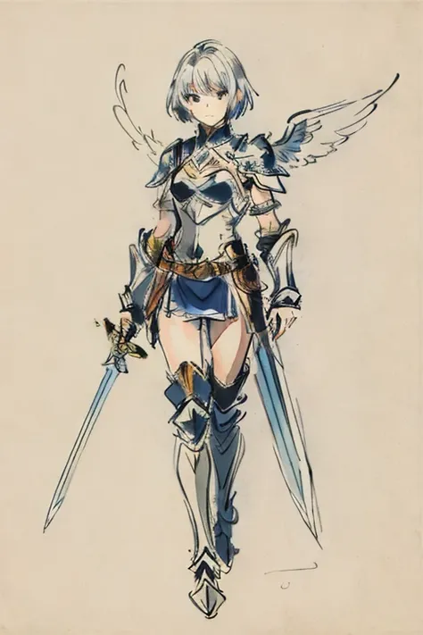 girl,(( short white hair )), (( full body)),
((Silver sword )),((bird wings)), ((sketch style))
((looking in front of the camera)), (warrior) 
((armadura gotica)),masterpiece ,Mirando al espectador,darkfantasy