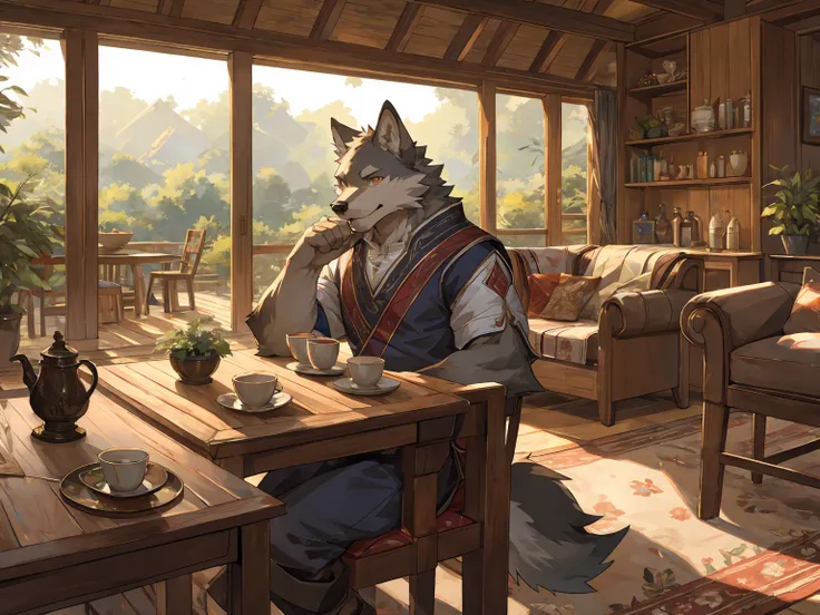 wolf, (gray fur:1.3), Tunic, elegant demeanor, easygoing, drink tea, indoor, living room, wooden house, Countryside Style, sit on chair, cartoon, by null-ghost, by canyne khai,masterpiece, (16K), HD, Various facial details, detailed background, very detail...