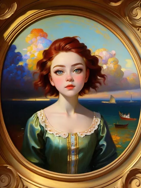 1 dreamy teen Jessica Reynolds with big eyes and short red hair ((ilya repin style)), ((  oil painting  )),  very colorful   ,   supreme detail , ((masterpiece)),
 ((Single shot)), impression, perspective, 8 thousand.