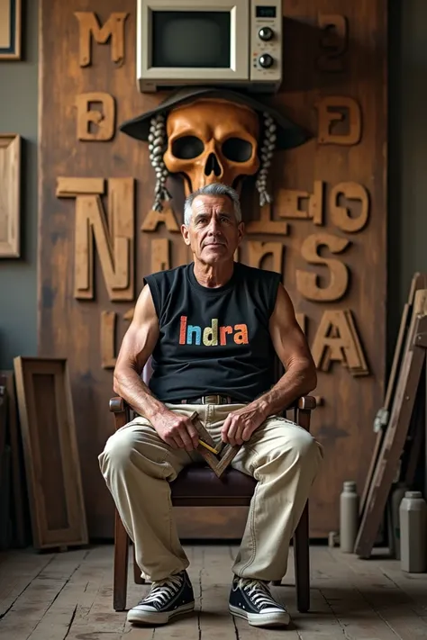  create an image of an established adult man with slightly gray hair on the side , stiff and muscular ,  wearing a black sleeveless sweatshirt with colorful embossed embroidery of the word  "Indra ",  cream-colored cargo pants , Converse shoes,  sitting in...