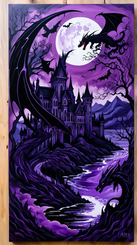 Ink and acrylic paint illustration on wood. In the midst of a fantasy realm with dragon, (a mysterious (vampire)). purple and black. gothic aesthetic. seductive.