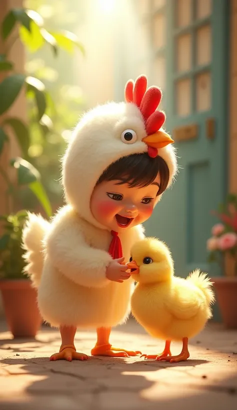 . "Chicken and Chick" Scene: Bacha ek chicken costume mein ek chick ke saath khada hai.
