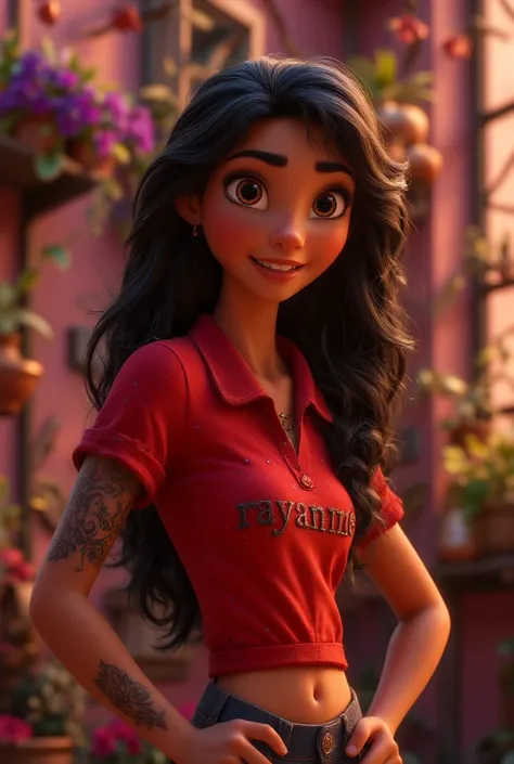 Cartoon characters of a young woman DARK BROWN SKIN LEFT ARM ALL TATTOOED, STRAIGHT, long black HAIR, WITH NOSE EARRING AND A RED POLO SHIRT with text that says "Rayanne", animation style rendering, stylized 3D, rendering Arnold Maya, Stylized 3D Render, ,...