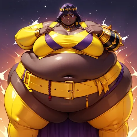 queentyr, colored skin, black skin, purple eyes, angry, circlet, neck ring, bracer, yellow bra, gold belt, pelvic curtain, facial mark,  big Ass, fat body, Clothes that fit his  fat body 