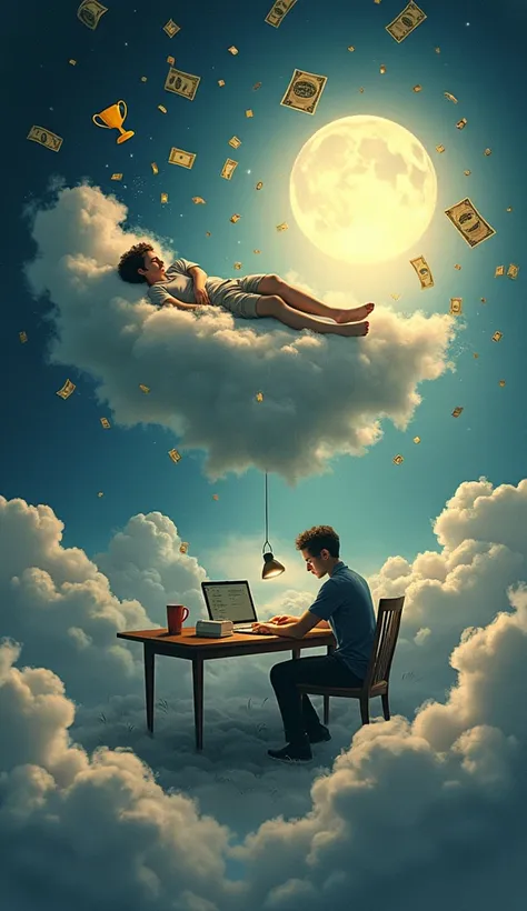  A figure asleep on a cloud surrounded by dream symbols such as trophies and money,  while next door another figure works on an illuminated desk , creating a bridge to a bright horizon .  The contrast between inaction and effort is central .