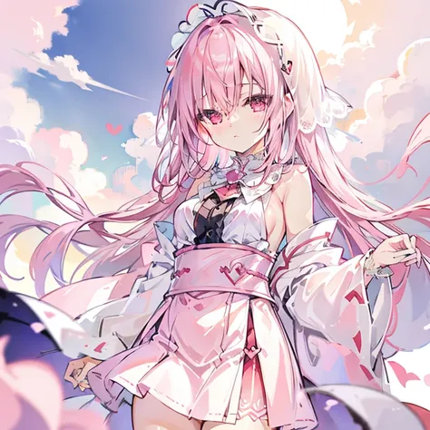 Great background above the clouds ，Pink Hair，red eyes， soft creamy white outfit， I have a pink shawl ，cute乳白色の大きな襟，cute ，2D Style