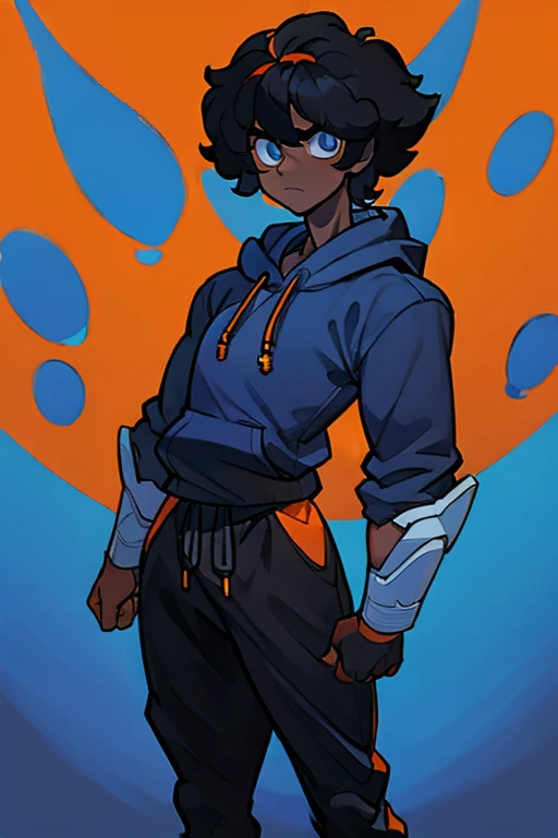 ((masterpiece, best quality)), (1boy), (solo), (male focus), (black male), ((black skin)), black afro hair, tall, standing, orange hoodie, blue eyes, strong body, blue background,