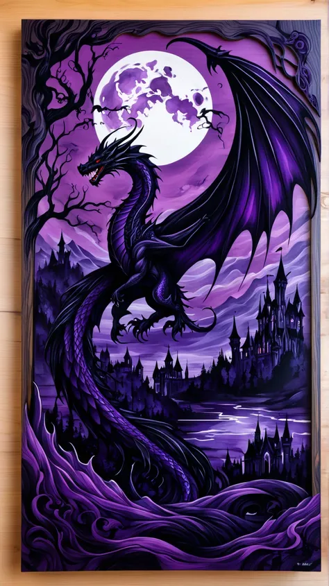 Ink and acrylic paint illustration on wood. In the midst of a fantasy realm with dragon, (a mysterious (vampire)). purple and black. gothic aesthetic. seductive.