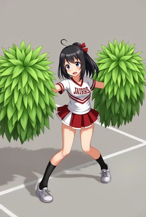 A high school girl in uniform is holding pompoms, wearing black socks and sneakers