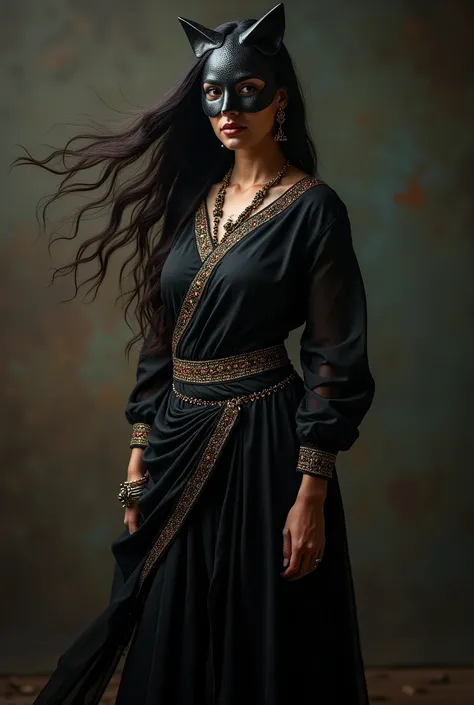 A beautiful Indian women with a black cat mask, (wearing a sleek black indian (traditional chudidhar outfit)), black kurta, striking a dynamic and powerful pose, full body portrait, wide shots, (best quality,4k,8k,highres,masterpiece:1.2),ultra-detailed,(r...