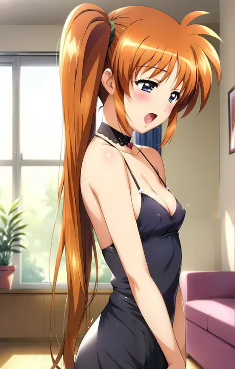 Nanoha, (cowboy shot), (from side), ( small breasts), ( cleavage:1.1), ( black dress :1.2), (Sexy Wife:1.3), (Red cheeks:1.2), (orgasm:1.3), ( is fascinated:1.2), ( Sexy Poses :1.3), ( and I get kissed unexpectedly:1.3), ( living room:1.3), ( Love Hotel:1....