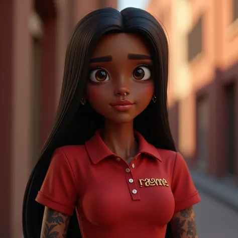 Cartoon characters of a young woman DARK BROWN SKIN LEFT ARM ALL TATTOOED, STRAIGHT, long black HAIR, WITH NOSE EARRING AND A RED POLO SHIRT with text that says "Rayanne", animation style rendering, stylized 3D, rendering Arnold Maya, Stylized 3D Render, ,...