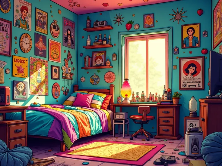 Generate an image of a teenagers room in comic style