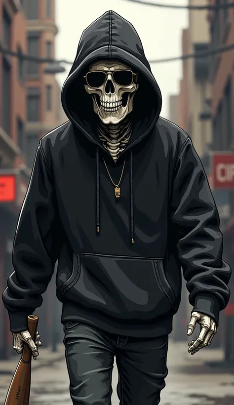 The image shows an illustration of a skull wearing a black hoodie, black hood, sunglasses, walking aggressively, with a baseball bat, with a lot of style in a seedy city. Sarcastic image.
