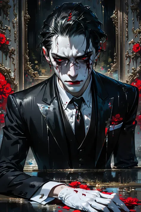 masterpiece, best quality, face fix, 1boy, ((black hair:1.5)), red eyes, slender_eyebrow, long eyelashes, thick lips, black lips, business suit, tuxedo, rectangular eyewear, male focus, short hair, hair slicked back, white gloves, zombie, pale skin, zombie...