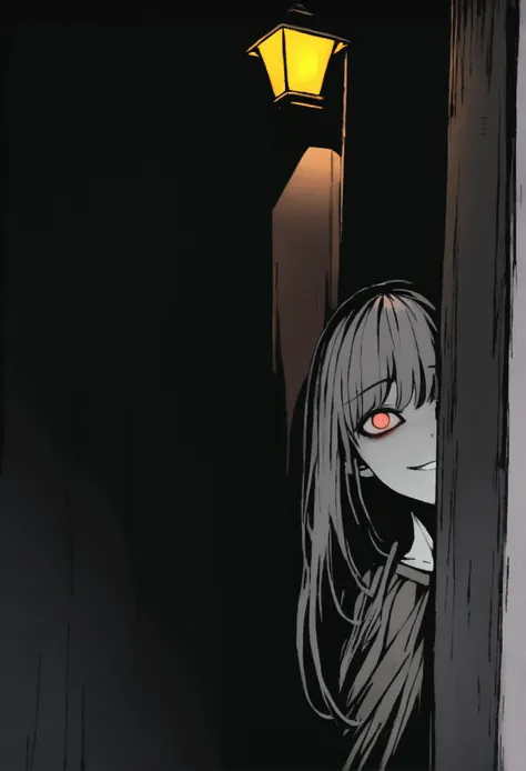 A creepy woman peeking around behind a wall in the dark corner of a dimly lit alleyway at night, 1girl, creepy stare, creepy smile, dark alleyway, street light, horror (theme), peeking out, half face seen, half body seen, quiet street, zoomed out