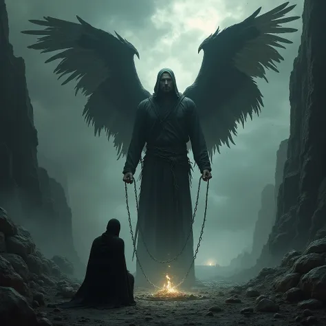 Create an image of the desolate, dark land with Lucifer chained in black robes and the black one looking down and kneeling