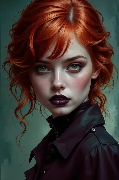 An extremely detailed digital painting of an enigmatic young woman in her late teens portrayed by a young Hayley Williams with freckles pale skin ginger hair in a 2000s era emo hairstyle with bangs and piercing green eyes wearing 2000s era emo outfit with ...