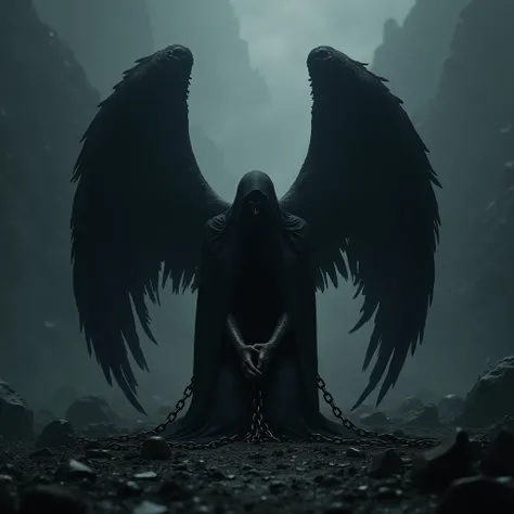 Create an image of a desolate dark land with total darkness ,  with Lucifer in chains with black robes and black wings looking down and kneeling with nothing showing on his face