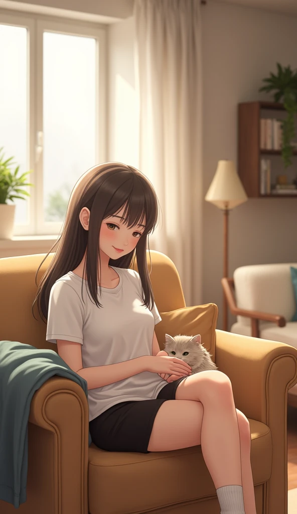 A girl 20 years old in a white T-shirt and black shorts sits with a cat on a chair against the background of a living room