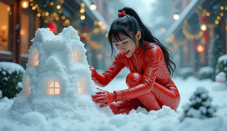 A playful scene of a woman in a vibrant latex outfit, building a snow fort with holiday decorations in the background.