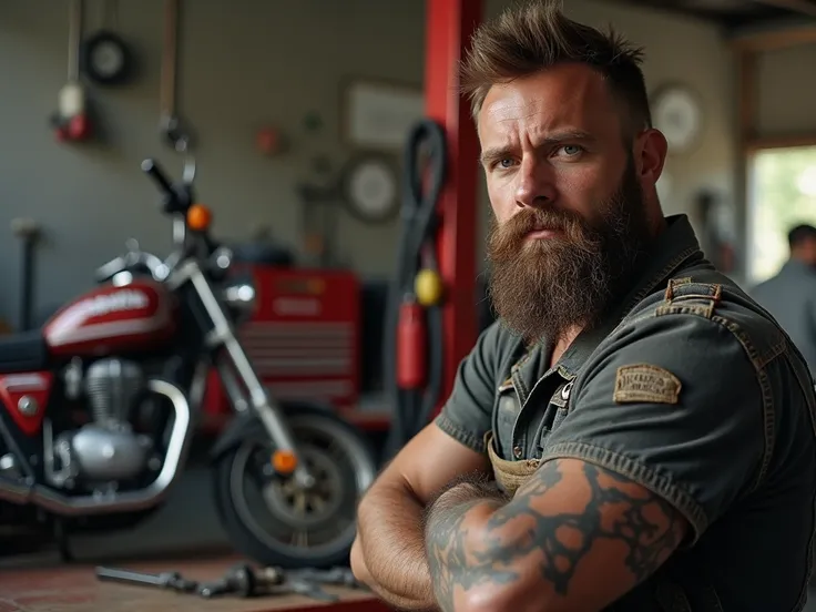  a mechanic between 26 and 35 years old , with a good beard ,  a little sturdy and a little muscle in his arms ,  who has dirty and filthy mechanics clothes and in the background next to him there has to be a motor and a toolbox