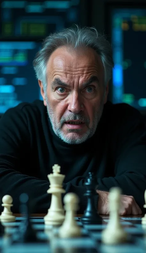 "A tense moment on a chessboard ,  where Deep Blue makes an unexpected move that leaves Kasparov surprised .  Kasparov has an expression of amazement and bewilderment as he watches the machine play,  pieces with dramatic lighting that highlights his face ....