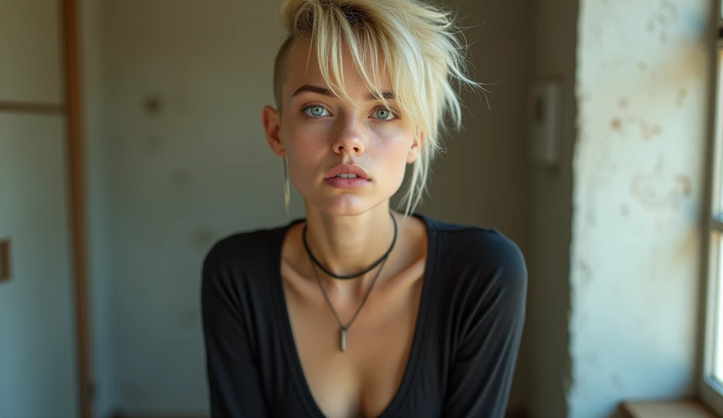 Create a hyper-realistic image of a 22 year old girl with a unique and soft punk style. She has a half-shaved flat top hairstyle, with the longer part of her hair bleach blonde and the shaved section a dark blonde. Her blue eyes stand out, giving her an in...