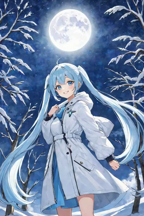 Full moon on the sky tree、 starry sky 、 light blue long hair、 Beautiful Girl with Twin Tails 、 bright smile、white down coat