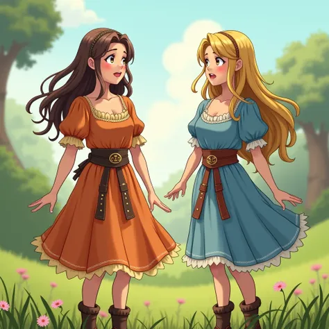  Anime style ,  Sexy girls in everyday colorful dresses stand on the grass ,  medieval dresses with belts and leather belts ,  they look shocked and happy , they stand as if they were frozen in front of each other .