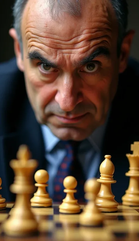 "A close up of Garry Kasparov ,  with an expression of amazement and frustration .  His face reflects the moment he realizes that he is being overcome by Deep Blue,  as the chess pieces on the board seem to take on a new dimension ,  reflecting the tension...