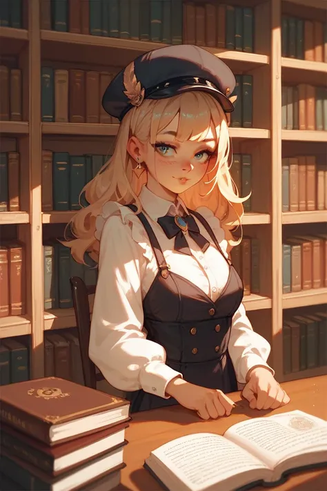 A girl wearing a hat taking a book down from a library shelf