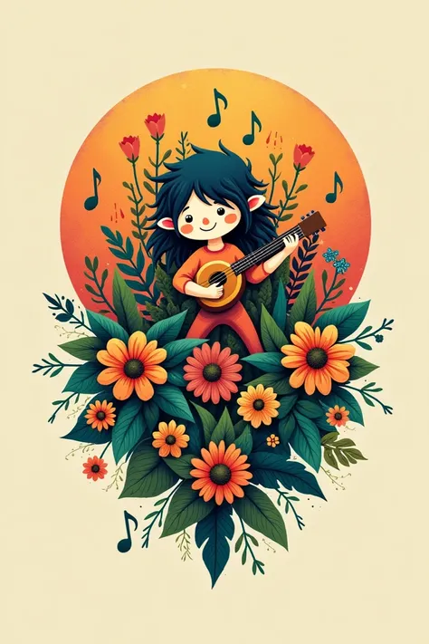  A happy and colorful logo , A bit vintage ,  featuring beautiful plants and music