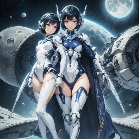 (masterpiece、 best quality、 highest resolution、Clear_image、Detailed details): (Whole body、A 20 year old girl、Japanese Faces、 small face、 slender、 dark blue super short bob cut hair、(Hidden small breasts:1.3)、 Sparkling Blue Eyes 、Shiny pilot suit in white,...