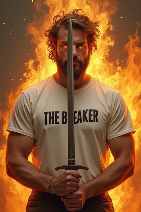 Light skinned hairy man with white T-shirt inscribed THE BREAKER, holding a sword and fire around him and in his eyes