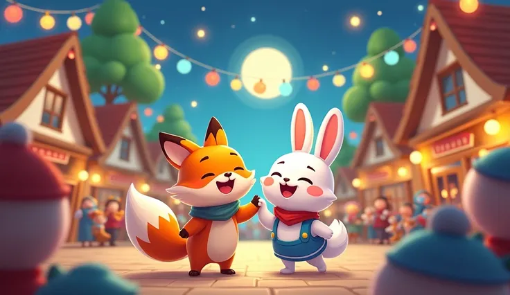 Image Prompt:

"An illustration of the village square filled with joyful villagers dancing under the bright moonlight. Orange fox and Flappy white fur rabbit, laughing and celebrating. Colorful decorations hang from the trees, and everyone looks happy and ...