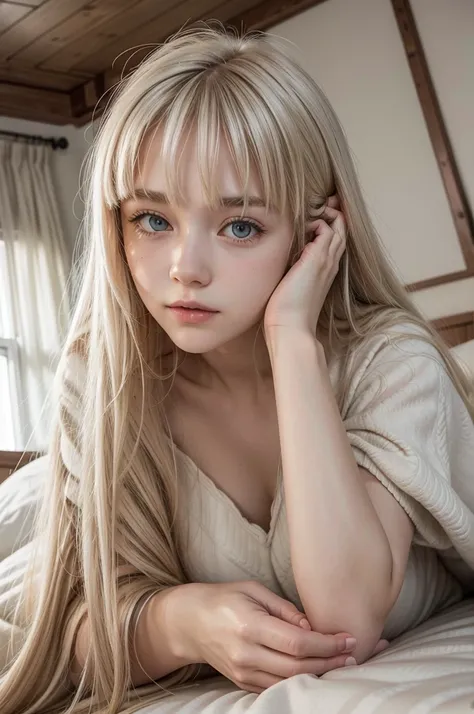 White-haired Russian teenager with long hair and bangs lying on bed face down, resting comfortably. She is facing forward, with her head resting on her hands and her feet happily raised behind her. His posture is relaxed and natural, with a soft and inviti...