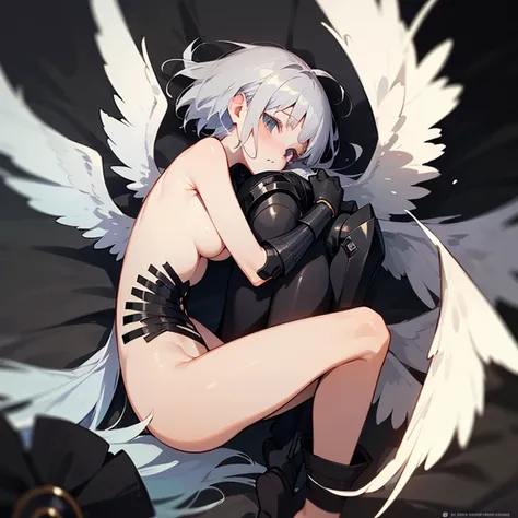  anime girl image,  silver hair ,
dark angel,((Six wings,black)),((half naked))
((Fetal position )), black armor, 
(( below her a large black flower))
, masterpiece,
, High resolution 