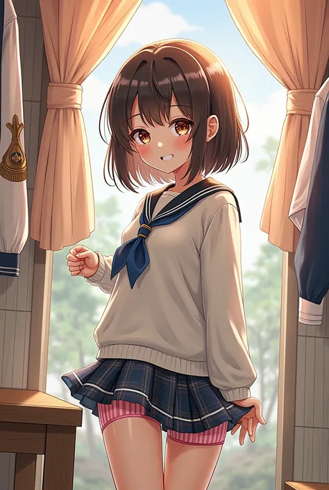 (Highest quality, 4K, 8k, High resolution, masterpiece, Genuine, Realistic, Realistic:1.3), (upper body, from below), Girl standing in a school changingroom, grin:1, phisically accurate, ((wearing white collared Uniform with blue neckerchief, dark blue swe...