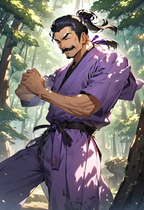 solo male, 50 years old, forest background, fantasy, black hair, Japanese ponytail, closed eyes, martial artist, ((purple gi)), mustache, smiling