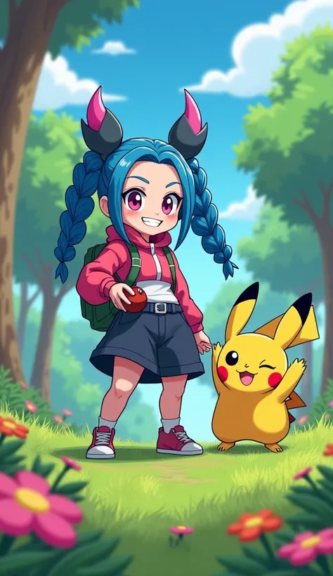 A playful depiction of Jinx from the series "Arcane" as a Pokémon trainer with her signature two braid messy blue hair, pink violet eyes mischievous grin, insane smile, and holding a Poké Ball, ready to release her partner Pokémon, a mischievous and energe...