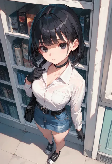 bangs, black hair, black eyes, dress shirt, denim pleated skirt, denim skirt, full body shot, black gloves , black choker, black belt, black sneakers, view from above, medium hair, long sleeves