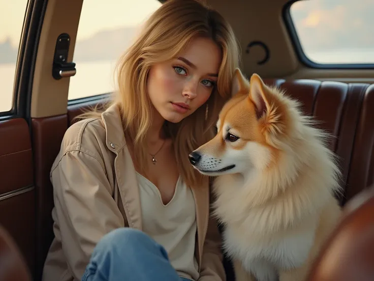  Creamy German Spitz  ,  with the mistress, a blonde girl , sitting in the car 