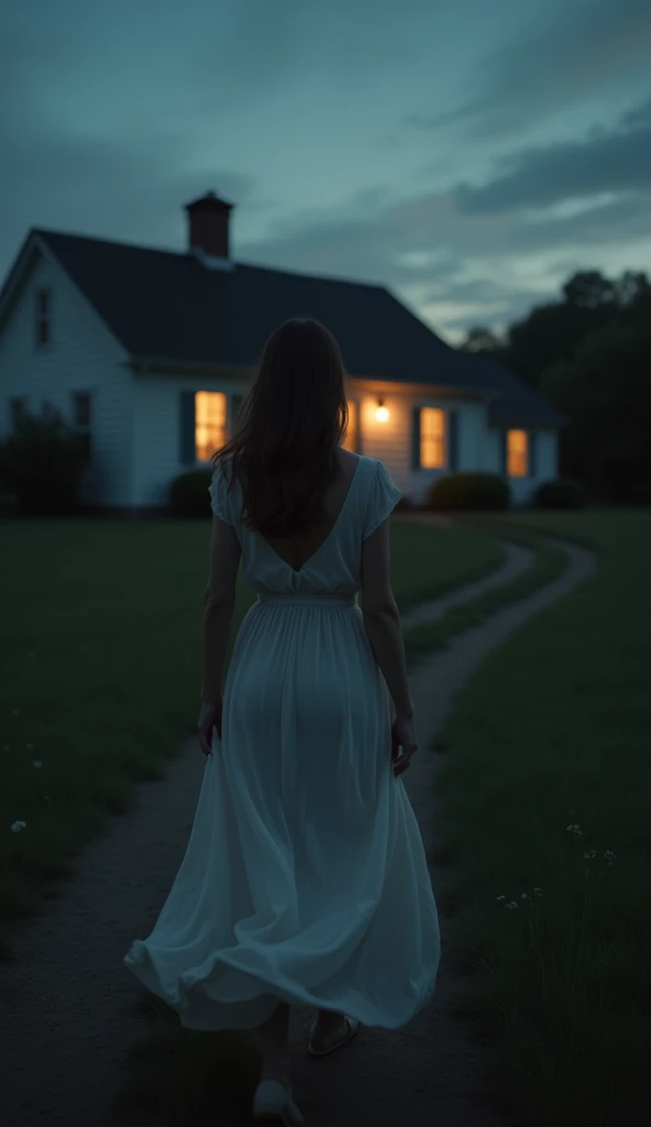 A woman in a flowing dress walking out of a house, turning her back on her husband, clearly upset. The evening sky is darkening, and the house is dimly lit.