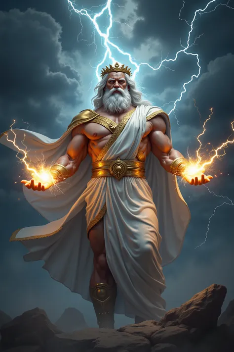 "Create a majestic and powerful depiction of Zeus, the Greek god of thunder and king of the gods. Zeus should be portrayed as a strong, muscular figure with a flowing white beard and long hair, exuding authority and divinity. He is holding glowing, crackli...