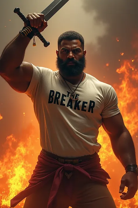 Dark skinned hairy man with T-shirt inscribed THE BREAKER, with a sword in his hand and fire around him